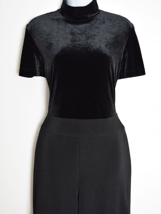 vintage 90s jumpsuit black velvet knit short slv funnel neck pantsuit romper M - Picture 3 of 8